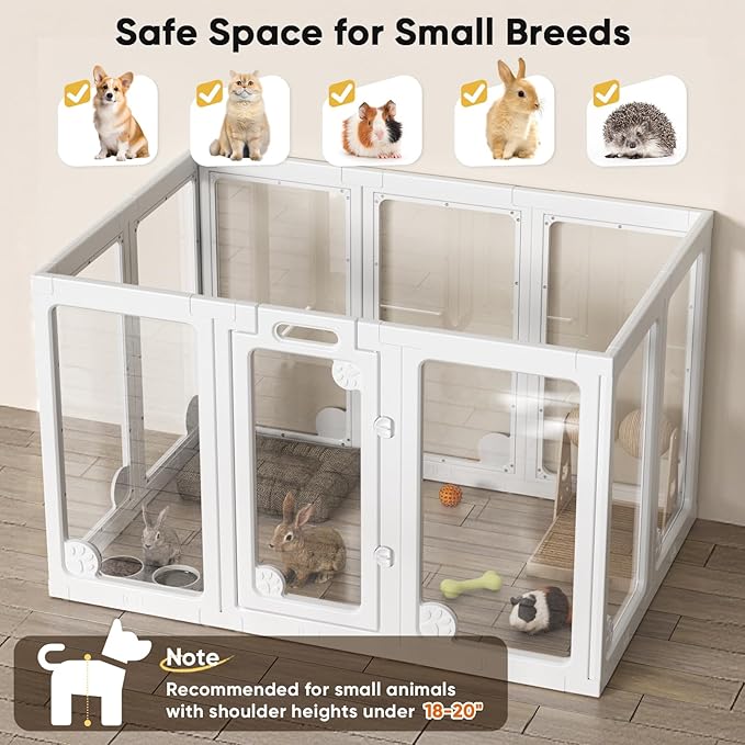 Clear Acrylic Dog Play Pen Indoors 30“, 10 Panels Transparent Puppy Playpen with Door for Small Dogs Puppies, Modular Plastic Pet Playpen Cage Fence Crate for Cat Kitten Rabbit, White