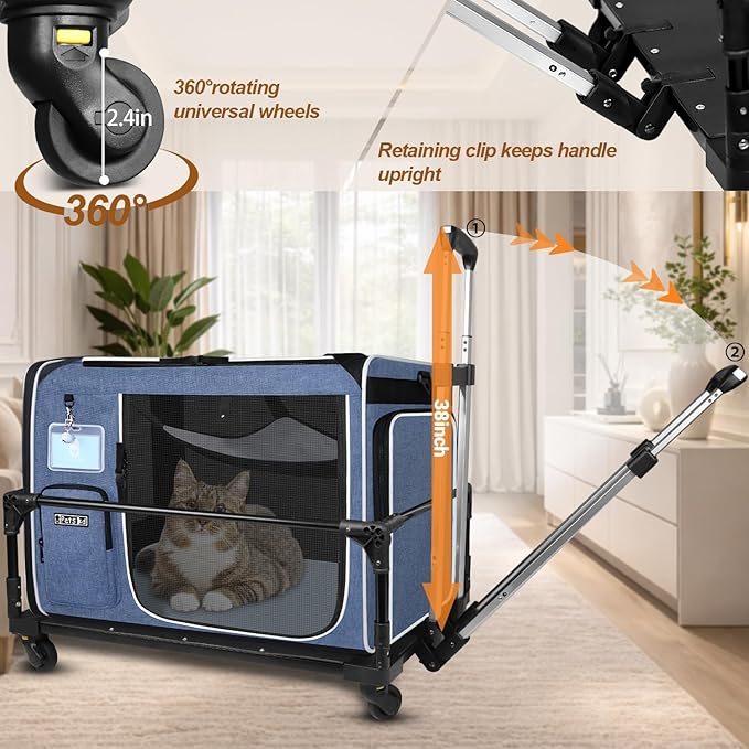 Petskd Side Expandable Extra Large Cat Carrier with Wheels and Litter Box for Long Distance Car Travel, 24"x17"x17" Collapsible Soft-Sided Pet Carrier with Zipper Locks for 2 Cats Under 55LBS(Blue)