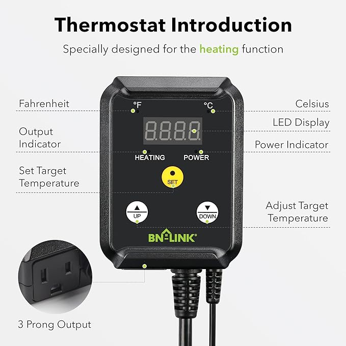 BN-LINK Reptile Thermostat Temperature Controller, Digital Heat Mat Thermostat for Seed Starting, Plant Germination, Greenhouse, Incubator, Brooder, Brewing, Reptiles Tank,40-108°F, 1000W, ETL Listed