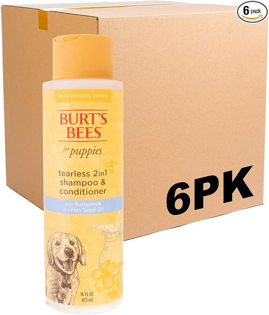 Burt’s Bees for Pets Tear Free Puppy Shampoo & Conditioner with Buttermilk, 2 in 1 Gentle Dog Shampoo for Puppies, Cleans and Conditions Sensitive Skin, 16 Fl Oz - 6 Pack