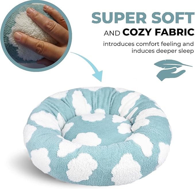 Whiskers & Friends Cat Beds for Indoor Cats, Fluffy Calming Donut Cat Bed, Small Dog Bed Washable - Orthopedic Soft Plush Pet Beds Sized for Kitten to Large Cats & Puppy to Small Dogs - Blue White