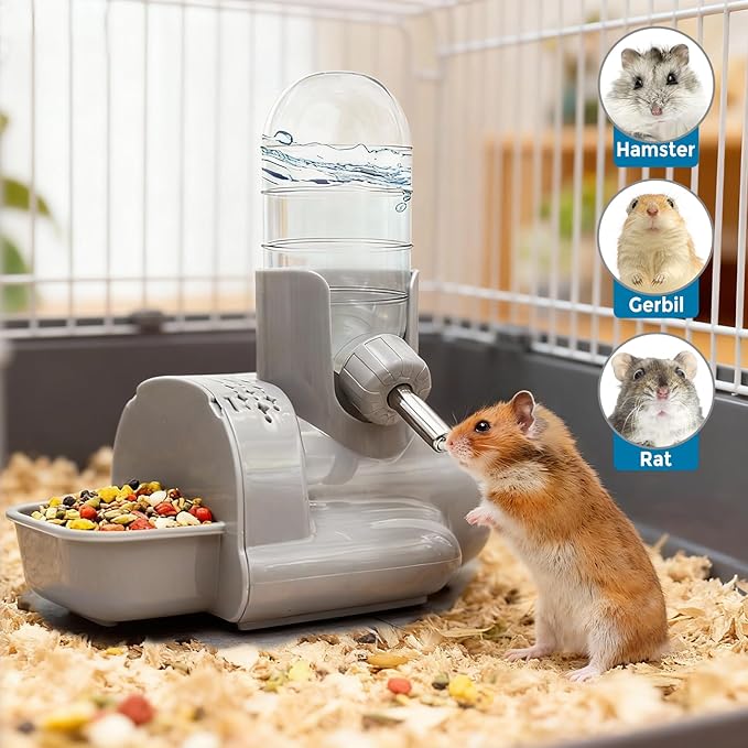 VANNON 3 in 1 Hamster Water Bottle No Drip Small Animal Water Bottle Automatic Bottle Dispenser with Food Container Base Hut and Hideout Base 4oz/120ml,Leekproof, BPA Free
