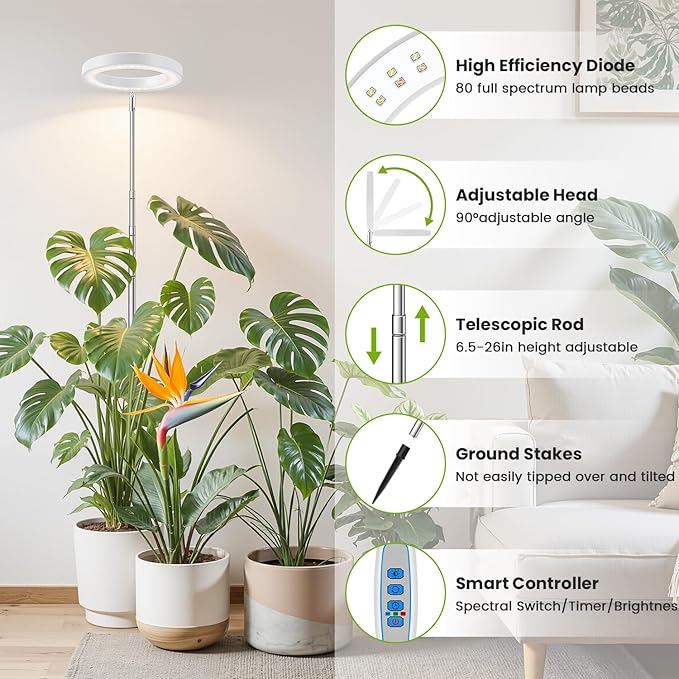 Kullsinss 6.3in Grow Light, Full Spectrum Plant Lights for Indoor Growing | White Plant Lamp with 6/12/16H Auto Timer, 5 Brightness Levels, 10-60in Height Adjustable, for Indoor Tall Plants (2-Pack)