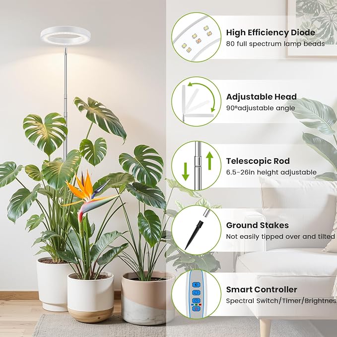 Kullsinss 6.3in Grow Light, Full Spectrum Plant Lights for Indoor Growing | White Plant Lamp with 6/12/16H Auto Timer, 5 Brightness Levels, 10-60in Height Adjustable, for Indoor Tall Plants (3-Pack)