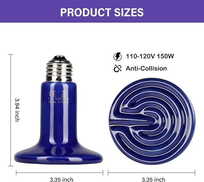Simple Deluxe 150W 2-Pack Ceramic Heat Emitter Reptile Heat Bulb No Light, LCD Digital Aquarium Thermometer, for Reptile Amphibian, 2 Pack + Thermometer, Royal Blue