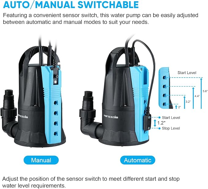 Sump Pump, 1/3 HP 1850GPH Automatic Submersible Utility Water Pump, Portable Electric Low Level Drain Water Removal Pump with Sensor Switch for Swimming Pool Basement Garden Pond Draining