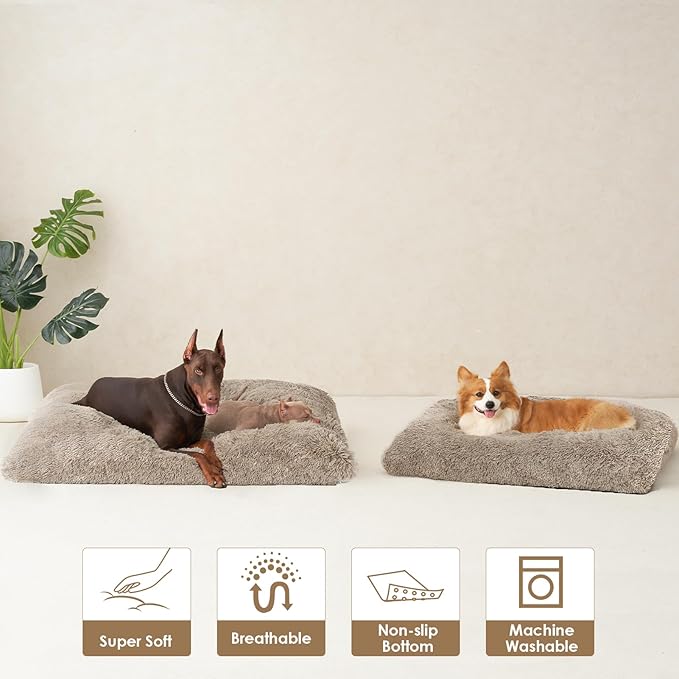 EHEYCIGA Fluffy Dog Crate Bed for Large Dogs, Plush Faux Fur Crate Pad, Calming Anti Anxiety Large Dog Bed, Washable Soft Warm Mat with Non-Slip Bottom, Taupe