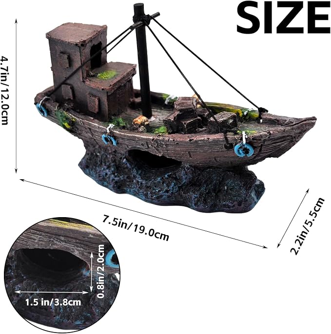 kathson Aquarium Shipwreck Decor Fish Tank Sunken Ship Ornament Pirate Shipwreck Decoration Resin Sunken Boat Betta Fish Sunken Ships Accessories for Freshwater Saltwater Tanks, Dark Brown