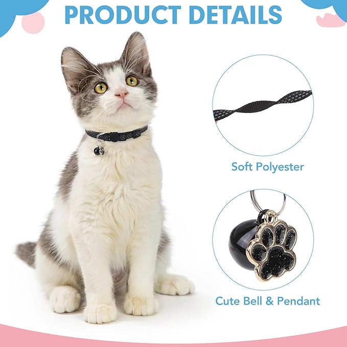 BINGPET Reflective Cat Collar Breakaway with Bells,3 Pack Kitten Collar for Girl Boy Cats with Cute Pendant Glow in The Dark,Adjustable 8''-11.8'',Black