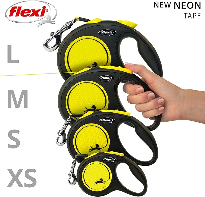 FLEXI New Neon Tape Retractable Dog Leashes for Small Dogs Upto 33 lbs. – 16 ft., Neon Yellow/Black | Tangle Free Pet Walking Leash with One-Handed Brake, Pause, Lock | German Quality Product