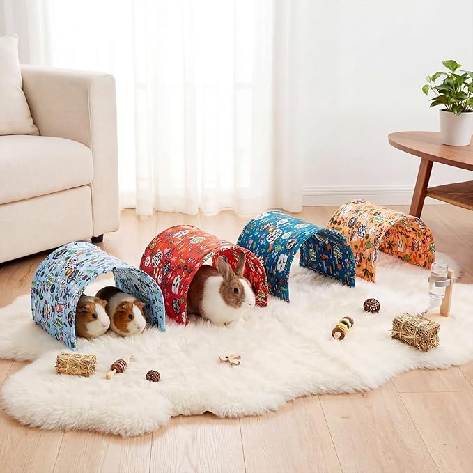 BreezeHug 4 Pcs Guinea Pig Tunnel Foldable Rabbit Hideout Washable and Soft Bunny Hide House Ferret Tunnel Toys Cage Accessories for Small Animal Hamster Hedgehogs Chinchilla(Doodle Forest)
