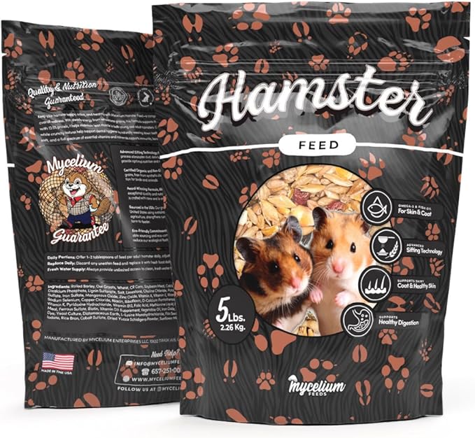 Mycelium Hamster Feed 5 lb Bag | Organic Hamster Food for Healthy Skin, Coat & Dental Care | High-Protein Balanced Nutrition with Vitamins and Minerals | Non-GMO, USA Made & Dust-Free Blend
