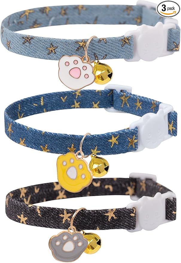 Cat Collar Breakaway with Bells,3 Pack Safety Adjustable Pet Collars,Ideal for Girl Boy Kittens. (Blue Black Starfish)