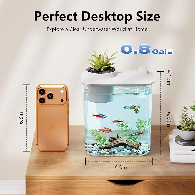 0.8 Gallon Betta Fish Tank Aquarium Starter Kit with Light and Lid(White) | Premium Acrylic Aquarium with Light and Lid, Crystal Clear Starter Kit for Betta Fish, Shrimp, Snails and Small Fish