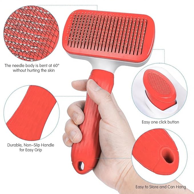 Self-Cleaning Slicker Brush, Dog Cat Bunny Pet Grooming Shedding Brush, Easy to Remove Loose Undercoat, Pet Massaging Tool Suitable for Pets with Long or Short Hair (Red)