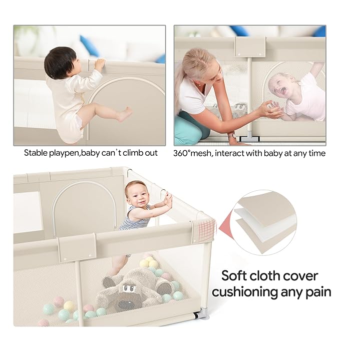 Fodoss Baby Playpen, Upgrade Playpen for Babies and Toddlers, 47x47inch Beige Play Pen for Babies with Hand Pulling Ring, Play Pen Center for Kids,Baby Fence,Kids Playards
