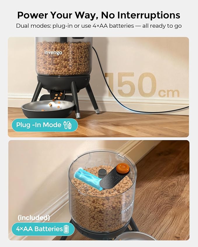 Invengo Automatic Cat Feeder with Timed Food Dispenser, One-Touch Feeding, Dual Power Supply, Anti-Bug Design, Visible 3L Hopper – Automatic Pet Feeder for Cats and Small Dogs