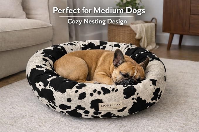 Round Dog Bed – Natural Canvas, Removable Washable Cover, Raw Cotton or Latex Fill, Hypoallergenic Non-Toxic, Made in USA (Cow Print Black White, Medium, Firm Support – Raw Cotton)