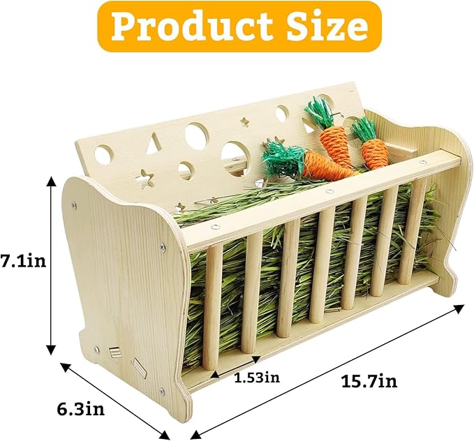 Hamiledyi Wooden Small Animal Hay Feeder - Rabbit, Guinea Pig, Chinchilla Cage Accessory, Hay Saver Rack & Dispenser for Small Pets