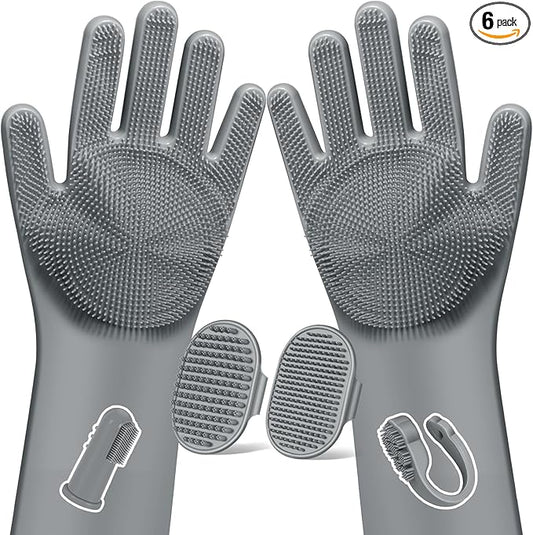 Augwind 6PCS Pet Grooming Kit for Dogs, Cats and Horses | Dog Washing Gloves | Cleanroom Gloves | Dog Bath Brush | Dog Bath Gloves | Dog Shampoo Brush | Dog Bath Supplies (Grey)