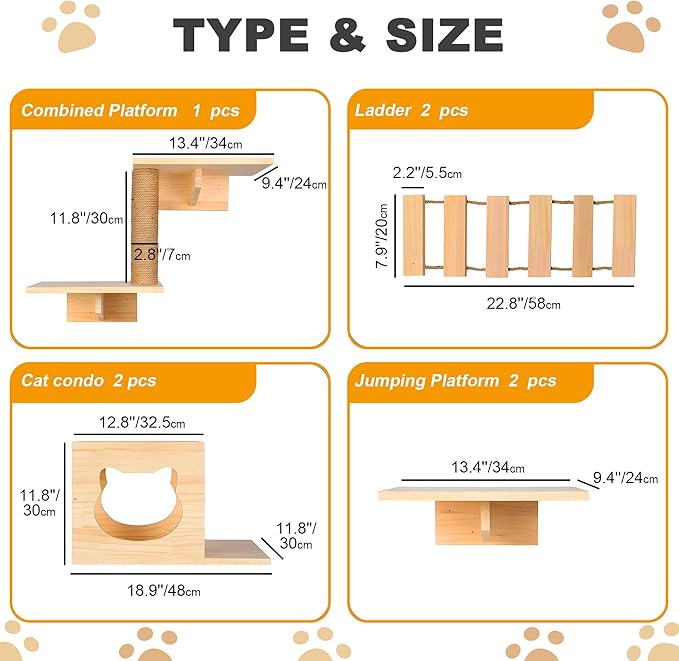 PETKABOO Cat Wall Shelves and Perches, Pine Wooden Cat Wall Furniture Climbing Shelves with Climber, Condo, Scratching Post, Ladder & Platform