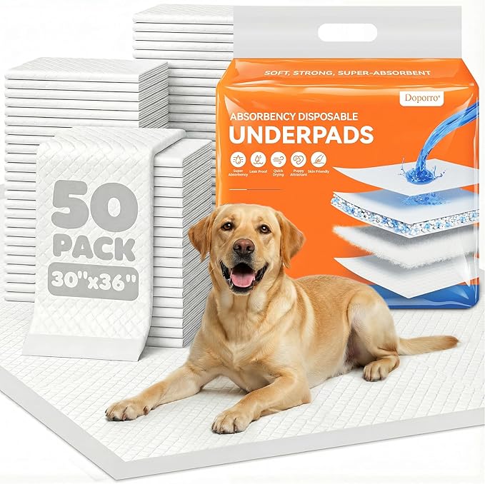 6-Layer Puppy Pads Extra Large 36x30, 50 Count Super Absorbent Dog Pee Pads with Adhesive Tapes, Leakproof Disposable Pet Training Pads for Large Dogs, Furniture & Floor Protection