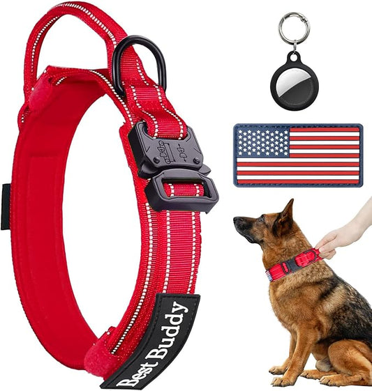 AUBELL Reflective Tactical Dog Collar,Adjustable Military Heavy Duty K9 Collars with Handle and Quick Release Metal Buckle Great for Extra Large Dogs, with Airtag Case and 2 Patches (Red,XL)
