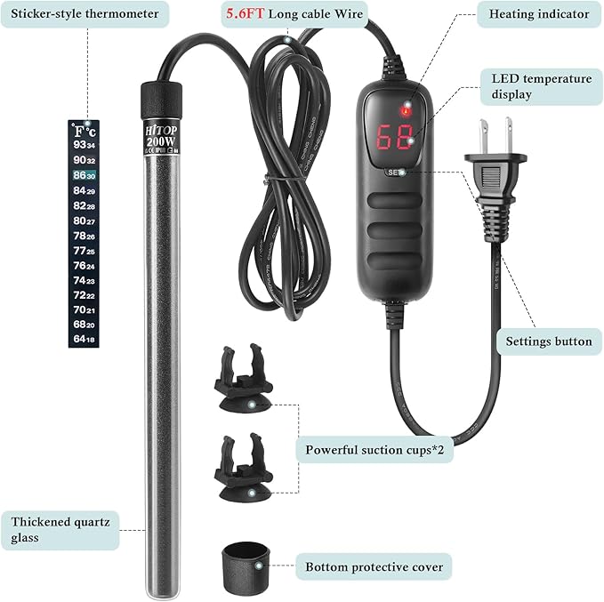 HITOP Compact Submersible Aquarium Heater -200W Digita Heater for Fish Tank Turtle Tank, for Saltwater and Fresh Water with Temperature Controller