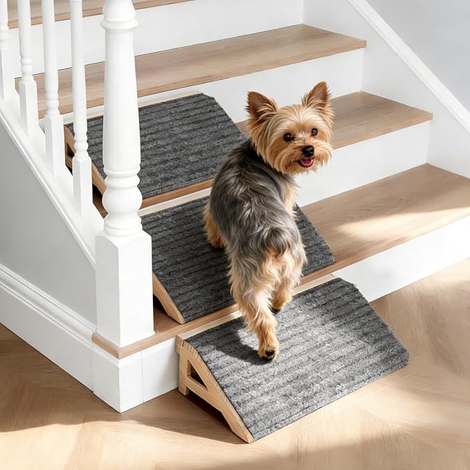 Wood Dog Ramp Stairs for Outdoor, Low Angle Dog Ramp for Stairs | 4.2"H, 2 Pack, ups to 170lbs, Premium Solid Wood, Anti-Slip Carpet Surface, Dog Stairs for Small Dogs, Footrest & Stretcher