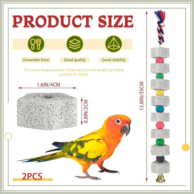 2 Pack Parrot Chewing Toys, Bird Beak Grinding Calcium Stone with Bell, Lava Mineral Block Cage Accessories for Parakeet Budgie Macaw Cockatoo Cockatiel Rat, Long
