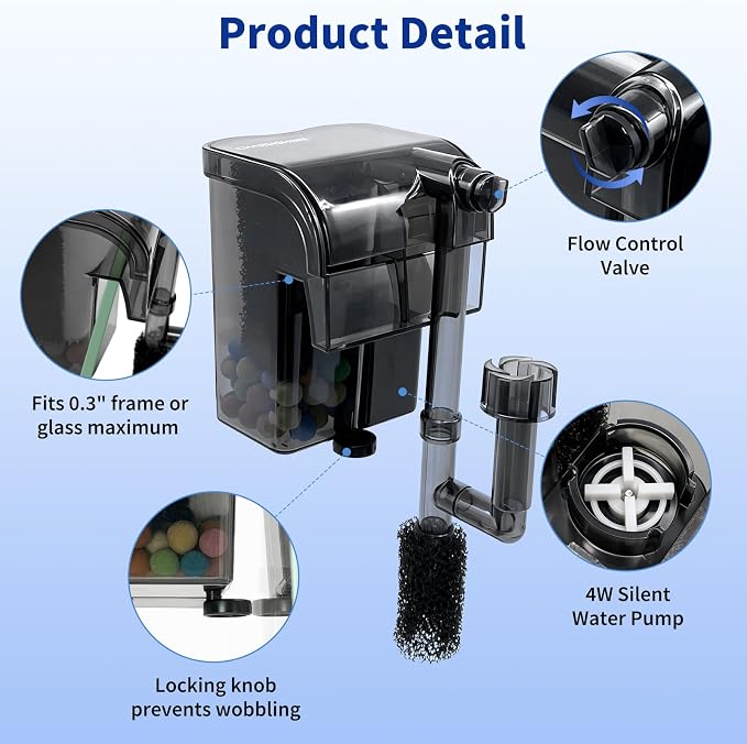 Hang On Back Aquarium Filter Up to 5 gallon Small Slim Fish Tank Filter | Oil Removal Design,Upgraded 3-Stage Filtration,Adjustable Flow Rate,USB Aquarium Filter for Betta Shrimp tanks