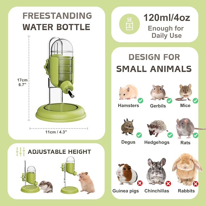 Hamster Water Bottle with Stand, 4oz Water Dispenser for Syrian Dwarf Hamsters Gerbils Mice Rats Degus (Green)
