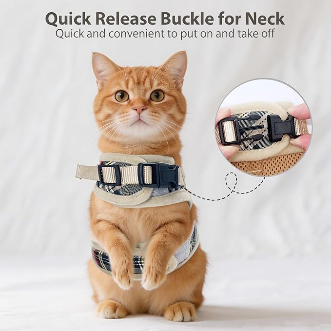 AIITLE Adjustable Bunny Harness & Leash Set - Soft Mesh Liner, Comfort Fit Plaid Pattern Vest with Magic Tape Design, Portable for Small Animal Pets Puppy Cat Rat Squirrel Ferret, Beige L