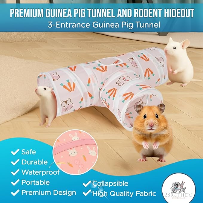 Tunnels with 3-Way Entrance - Cozy, Washable Guinea Pig Hideout - Interactive Cage Toys (Pink Hamsters)