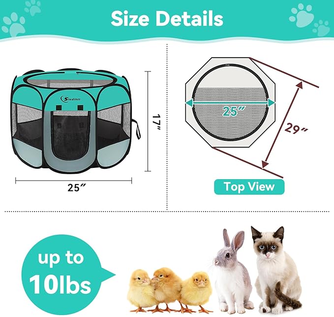Pink Puppy Playpen for Middle Dog Cat, Dogs Tent Crate Cage Indoor/Outdoor, Portable Pop Up Dog Kennel with Carrying Bag for Rabbits, Removable Top (Green, Small)