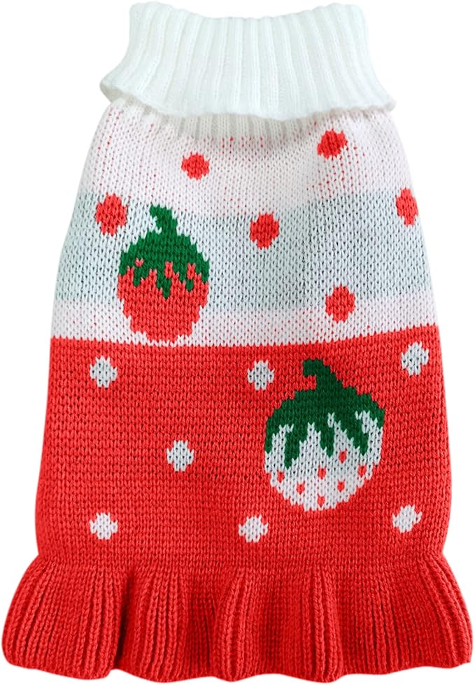 CHBORCHICEN Pet Dog Sweaters Classic Knitwear Turtleneck Winter Warm Puppy Clothing Cute Strawberry and Heart Doggie Sweater (XS, Dress-Red1)