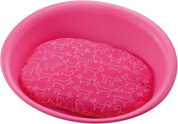 Richell Oval Plastic Pet Bed Medium, Waterproof, with 100% Polyester Washable Cushion, Pink (70008)