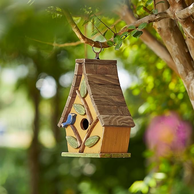 Glitzhome Bird Houses for Outdoors, Solid Wood Bluebird Houses for Outside, 9.5" H Garden Decorative Hanging Birdhouse with Natural Wood Pallet Roof for Finch Swallow Wren Chickadee,Washed Yellow