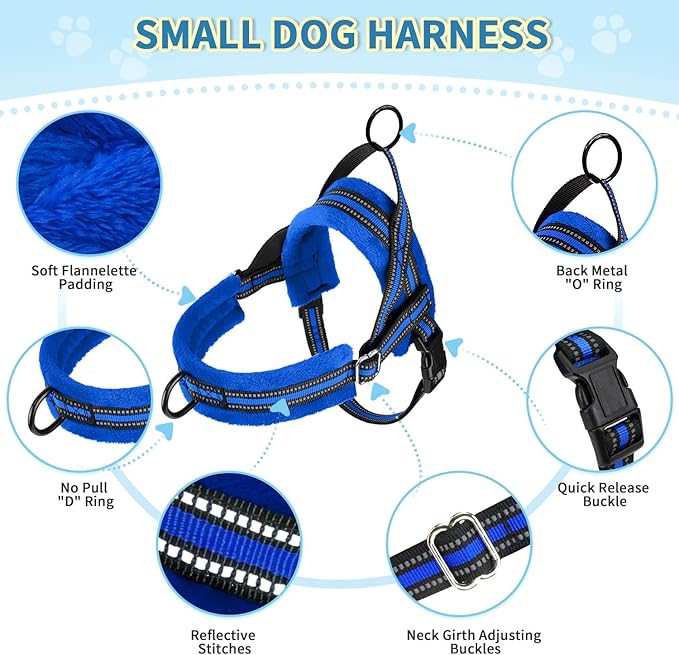 Lukovee No Pull Dog Harness and Leash Set, Soft Padded Small Dog Harness, Neck & Chest Adjustable Reflective Vest Puppy Harness with 4ft Lightweight Anti-Twist Dog Leash for Small Dogs (XXS, Blue)