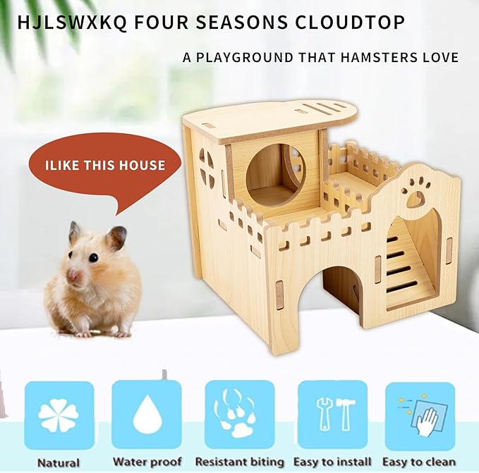 Natural Wood Hamster Habitat Hideout Cage Accessories, Maze Cabin with Fun Slide & Double-Decker House, Exercise Toys for Dwarf Hamsters, Gerbils, Mice, Other Small Animals(Only for Small Hamster D)