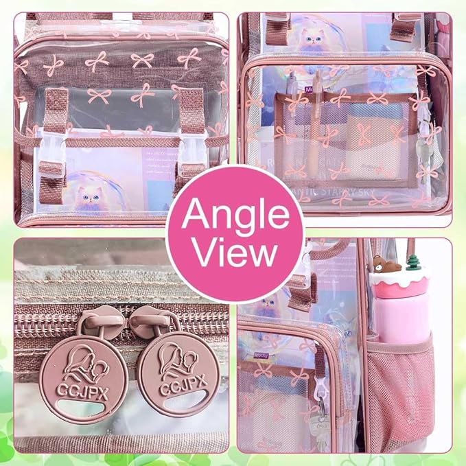 17" Bow Clear Backpack for Girls - 3Pcs Flip Design Stadium Approved Set, Campus/School Transparent Bookbag (Pink)