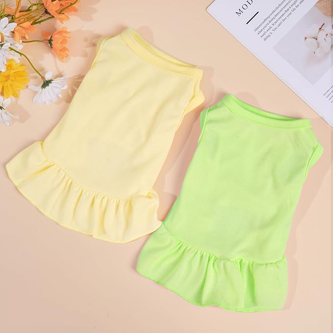2 Pcs Dog Dresses Cat Skirt Solid Color Dog Clothes Summer Sleeveless Puppy Girl Clothes for Small Pet Dogs Cats (Yellow,Green, Large)