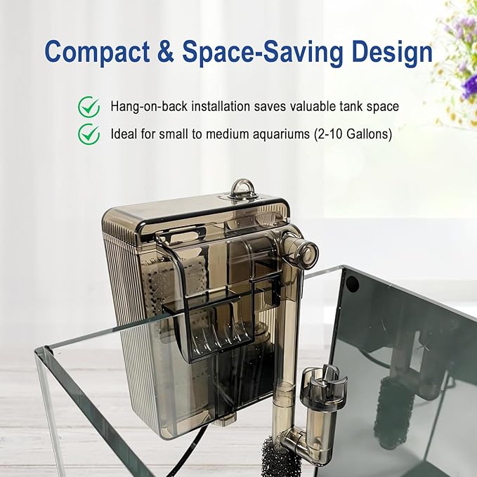 Compact Hang-On Back Aquarium Filter 53 GPH for Up to 10 Gallons Fish Tank USB Powered HOB Filter with Surface Skimmer, Adjustable Flow, Replaceable Media & Fish-Safe Intake