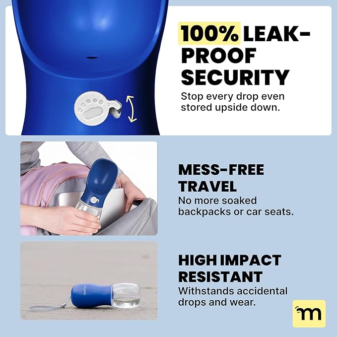 MalsiPree Dog Water Bottle - 19 oz, Navy Blue - One-Hand Leak-Proof Hydration & Pet Water Dispenser - Built-in Travel Bowl & Travel Pet Bowl - for Trail Hiking, Park Visit, Camping & Beach Days