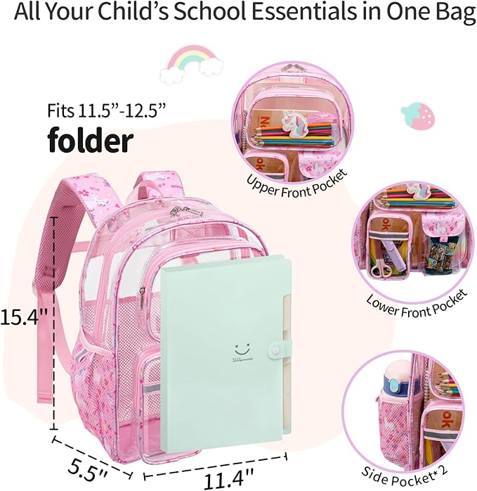 Clear Backpack for Girls - 15 Inch Heavy Duty Transparent Kids Backpacks for School, PVC Bookbag with 3 Front Pockets for Kids Aged 3 to 8, Pink Unicorn