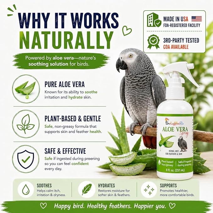 Aloe Vera Bird Spray for All Birds – Soothes Itchy Skin & Feather Plucking – 8oz Odor-Free Mist, Safe if Ingested, Daily Use Bird Mist, Softens Feathers, Natural Formula – Made in USA by UnRuffledRx™