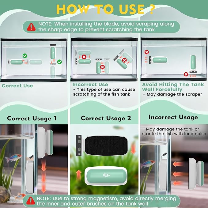 AQQA Magnetic Aquarium Glass Cleaner L,Floating Fish Tank Algae Scraper | 2 Types of Blades, Self-Floating Aquarium Glass Scrubber Algae Scrapers for up to 0.63" Thick Glass/ Acrylic Aquariums Large