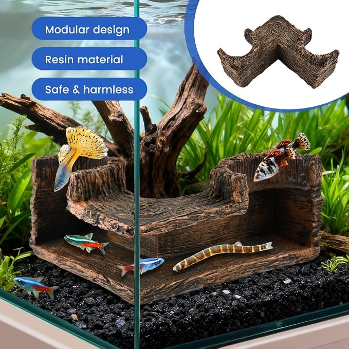 Aquarium Corner Cave - Fish Tank Cave for Corners - Betta Hideout | Natural-Looking Wood-Like, Fish Hideout for Aquarium,90° Corner Fish Cave Viewing Tunnels,5.1” x 2” x 2.7”