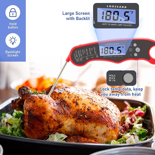 LONICERA Digital Meat Thermometer, Instant Read, Foldable Probe, Red | IP66 waterproof design, backlit display, calibration function, for meat, baking and grilling