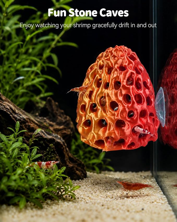 Uniclife Shrimp Cave, Shrimp Hides for Aquarium, Realistic Plastic Aquarium Coral Rock Decorations with Suction Cup, Betta Hideout Tank Accessories for Fish Tank Decor, Red-to-Yellow Gradient